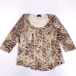 Brittany Blake Mixed Animal Print Mesh Top Womens 2X Lace 3/4 Sleeve Y2K Blouse